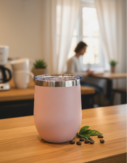 Matte blush pink insulated tumbler with a silver rim sits on a light wooden table near coffee beans in a cafe setting.
