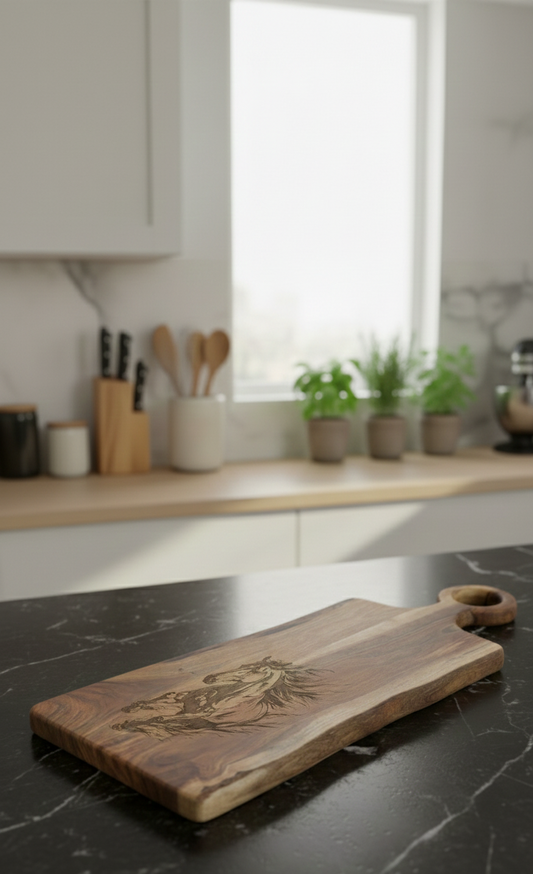 Long dark wooden serving board, featuring a live edge and horse engraving, rests on a black marble-effect countertop.