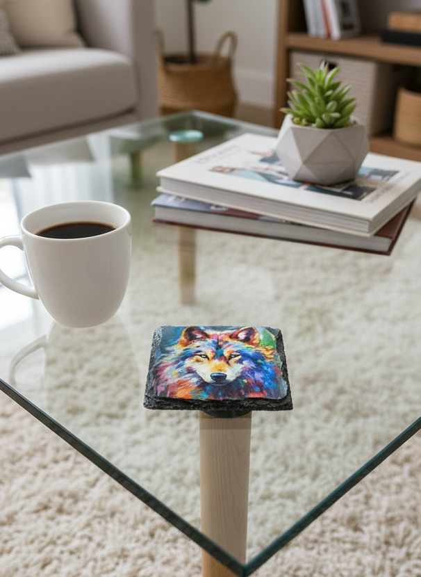 Square slate coaster displaying a colourful watercolour painting of a wolf. Rests on a glass table above a shaggy white rug.