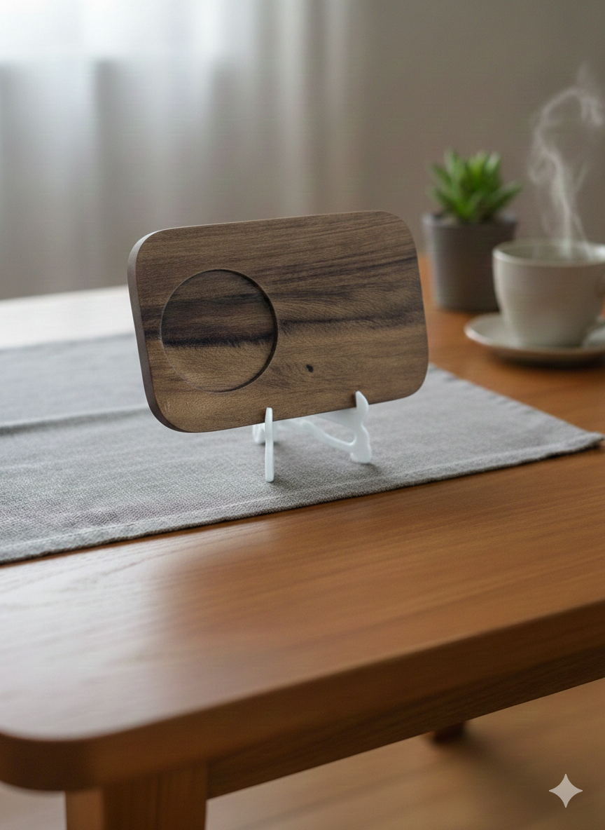 Dark walnut wooden coaster with a circular indentation, standing on a white stand over a textured Grey fabric runner.