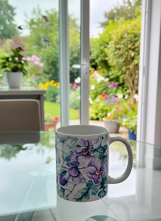 White ceramic mug featuring a watercolour illustration of purple and violet orchids with teal foliage on a glass table.