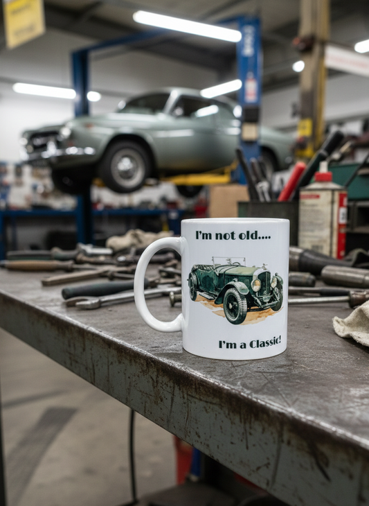 Mug with classic car design on a workbench in a garage