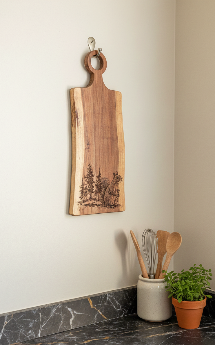 Hanging live-edge wooden board with etched forest design. Black marble countertop holds a grey utensil crock and vibrant potted herbs.