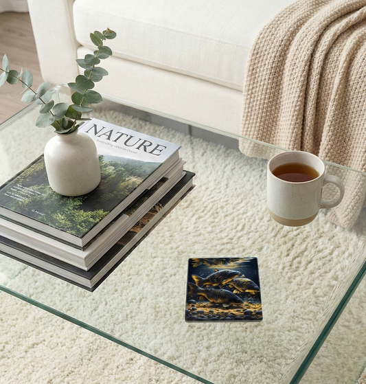 A single square coaster shows three golden carp swimming over a seabed. It sits near a stack of books, including a 'NATURE' volume.