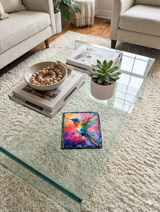Square slate coaster with a colourful hummingbird over a vibrant pink and blue background, set on a glass table.