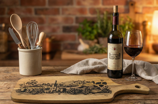 A rustic wooden serving board with an etched vineyard illustration, displayed on a wooden table next to a bottle of red wine, a filled wine glass, and a ceramic jar of kitchen utensils against a brick wall background.