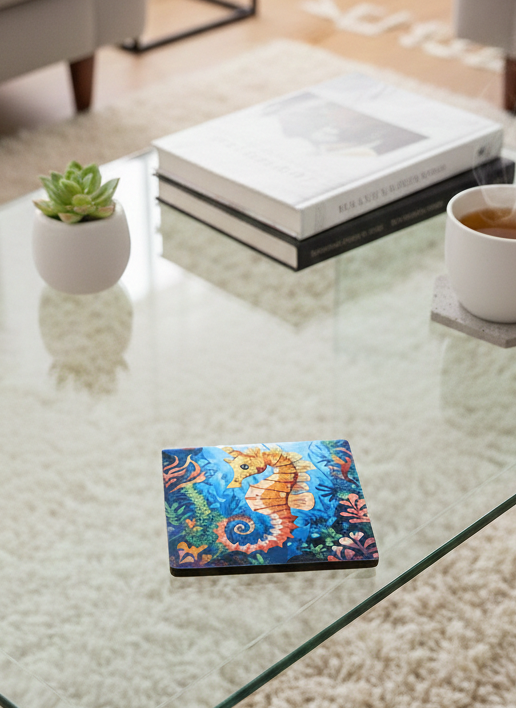 Square coaster featuring a colourful orange and yellow seahorse, placed on a glass table next to a white tea cup.