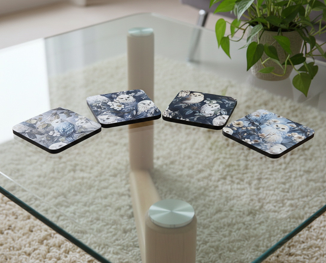 Four square coasters with owl and floral patterns in blue, grey and white, arranged on a clear glass table.