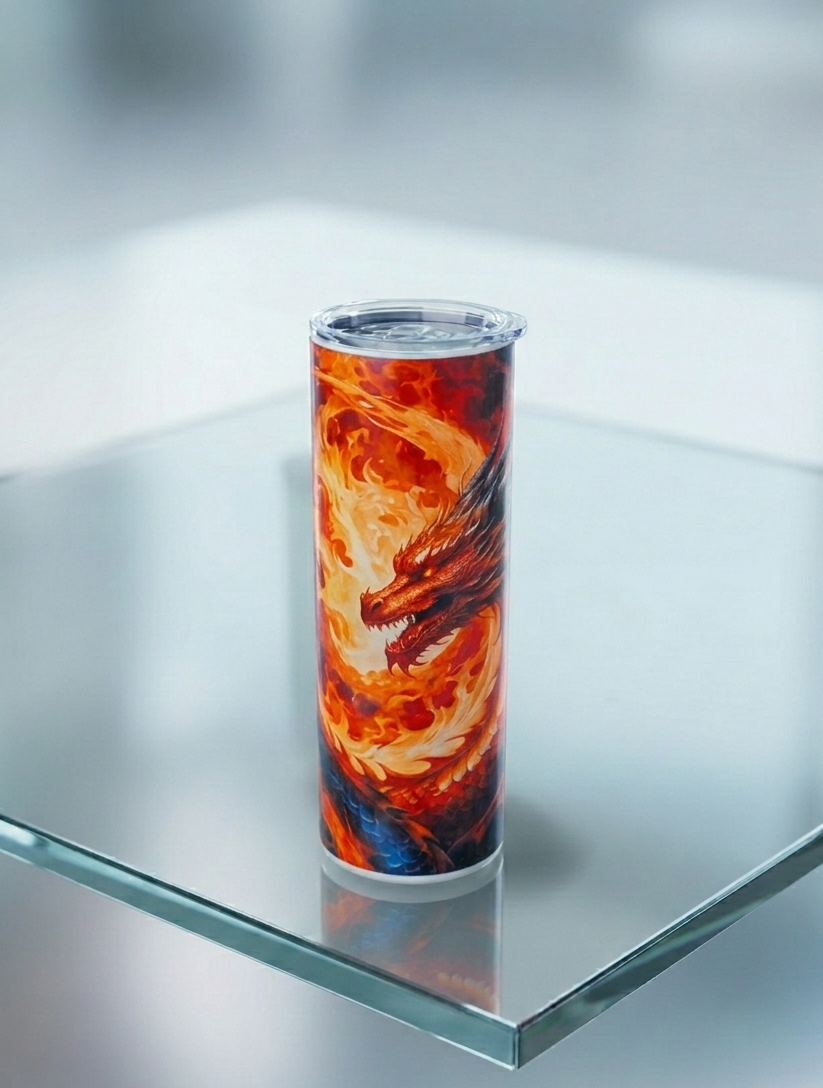 A tall tumbler on glass, featuring a red and orange fire dragon with swirling flame textures and glowing orange eyes.