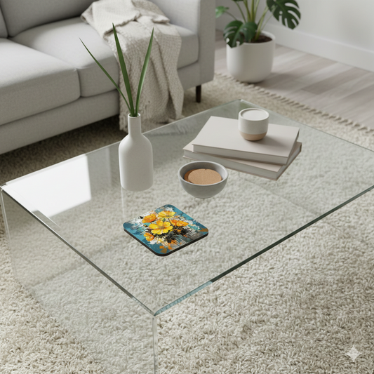 Yellow floral coaster on a glass table near a tall white vase and books. Features abstract blue and grey textures.