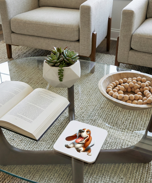 Basset Hound dog coaster with long ears on a glass table. Grey fabric armchairs are in the background.