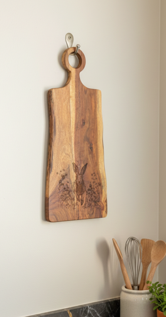 Vertical natural-edge wood board with a rabbit engraving, hung on a light Grey wall above a dark, veined marble counter.