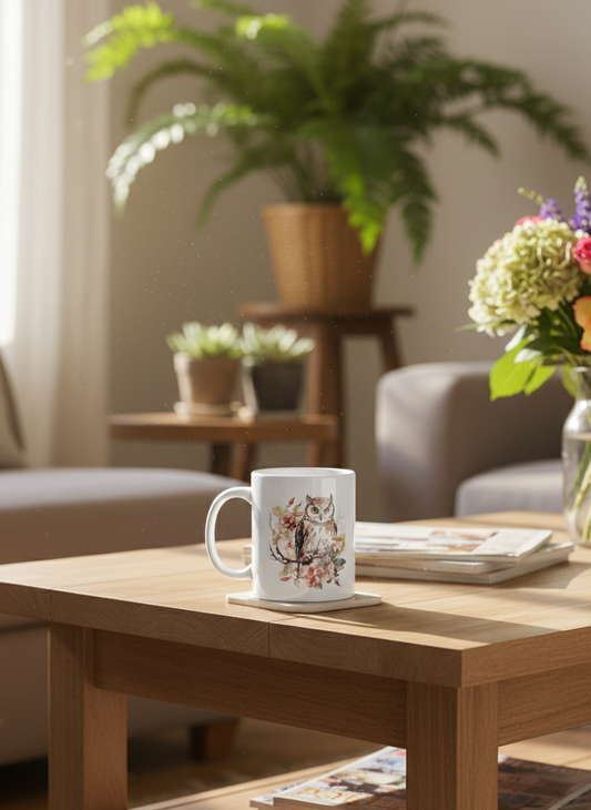 White ceramic mug featuring an owl print sits on a light wooden table, dramatically lit by dusty sunbeams.