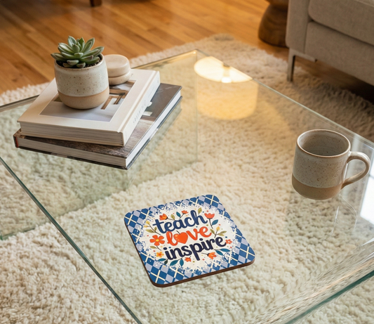 Blue checked coaster with floral details and 'teach love inspire' text on a glass table near a beige ceramic mug.