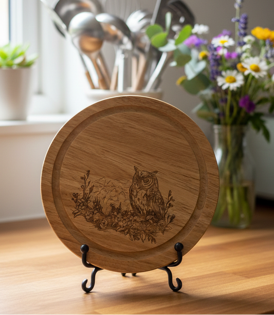 A circular, medium brown wooden board etched with a detailed owl and foliage design, displayed on a black metal stand.