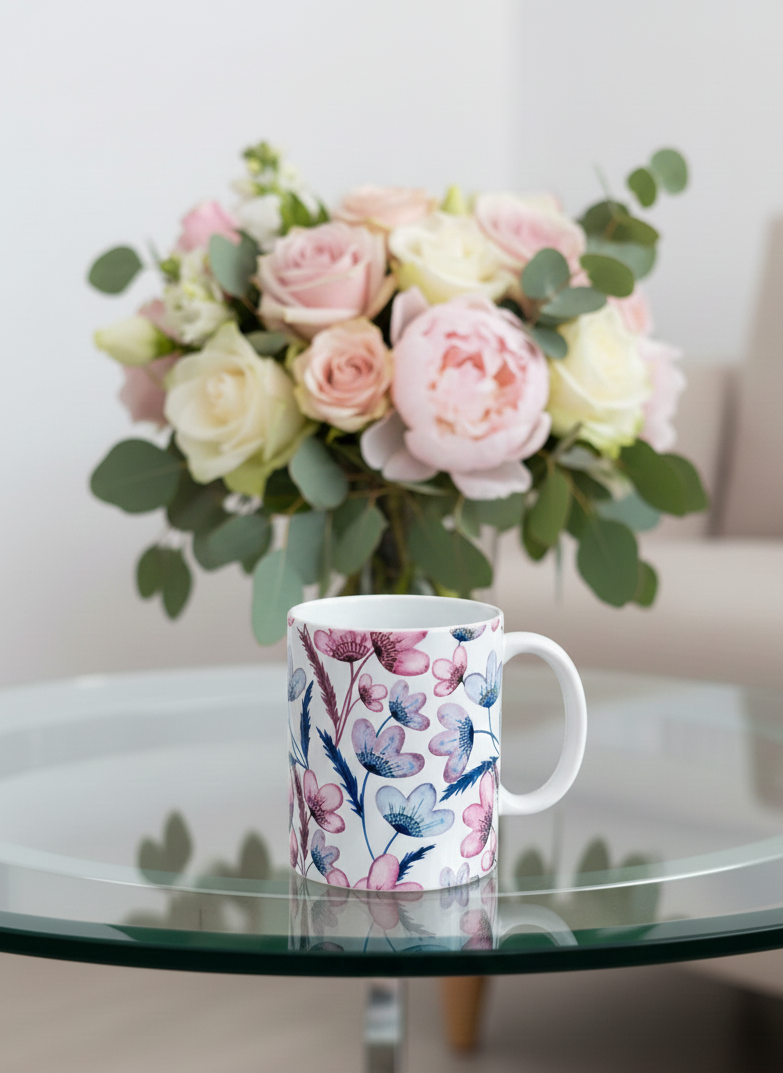 A white ceramic mug with a pink and purple floral pattern sitting on a reflective glass coffee table. In the soft-focus background, there is a bouquet of pink and white flowers.
