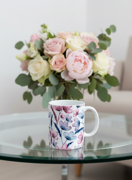 A white ceramic mug with a pink and purple floral pattern sitting on a reflective glass coffee table. In the soft-focus background, there is a bouquet of pink and white flowers.