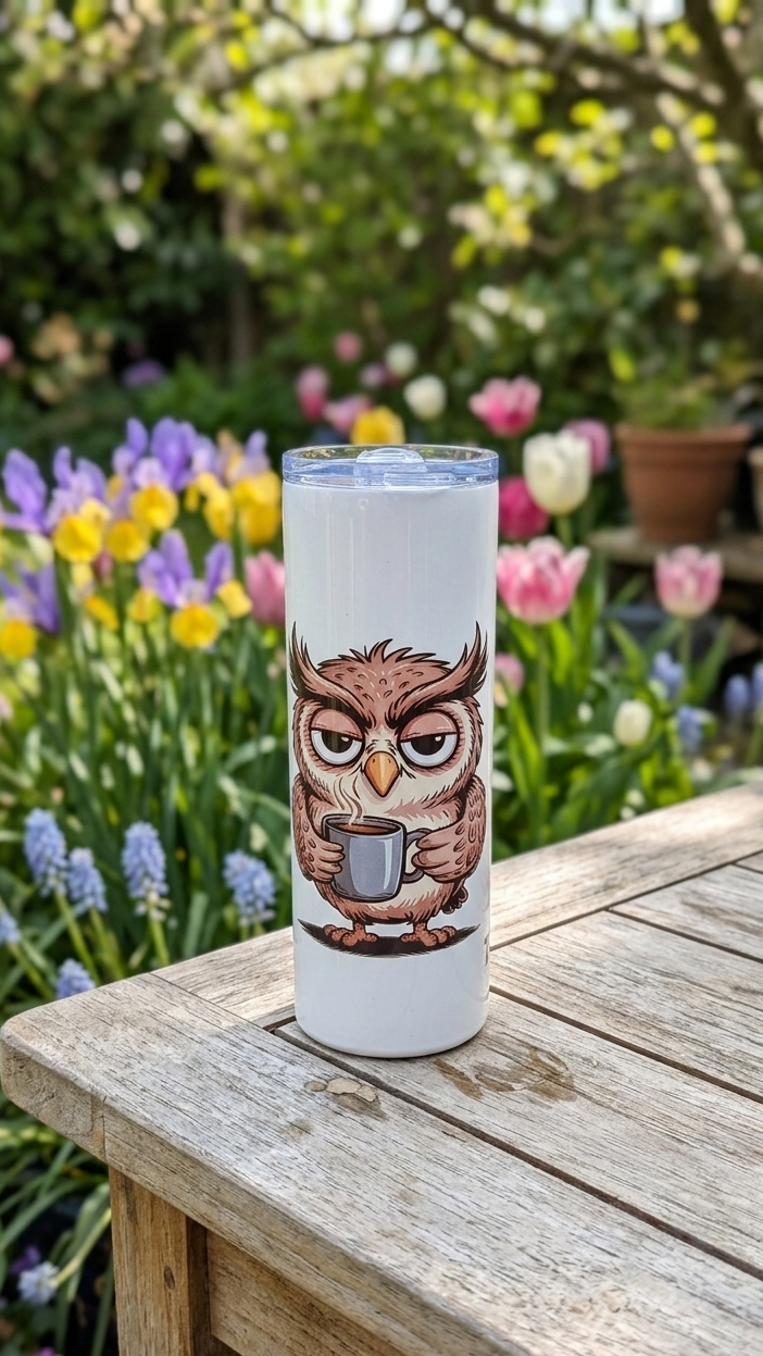 White tumbler with a grumpy brown owl holding a grey mug. Set on a wooden table against a backdrop of colourful flowers.