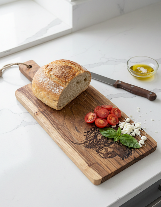 Rustic brown wooden board featuring a Highland Cow etching, topped with sliced bread, red tomatoes, white cheese, and basil.