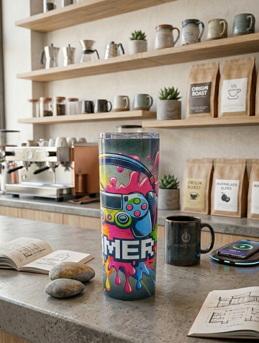 Tall tumbler with colourful gamer graphics on a grey stone counter, beside a black mug and open architectural notebook.