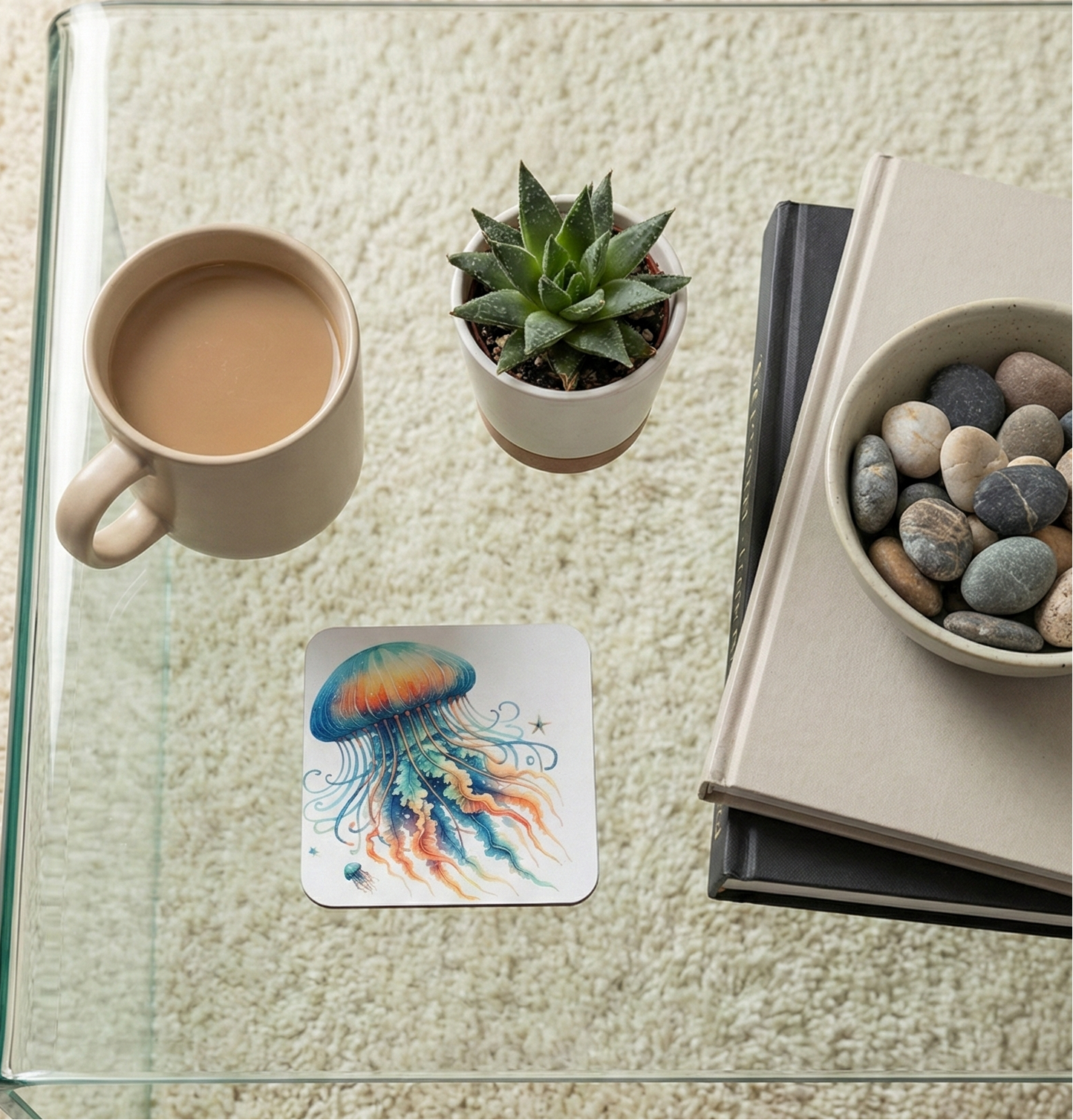 A square coaster with a vibrant, multicoloured jellyfish illustration in blue and orange hues on a clear glass table.
