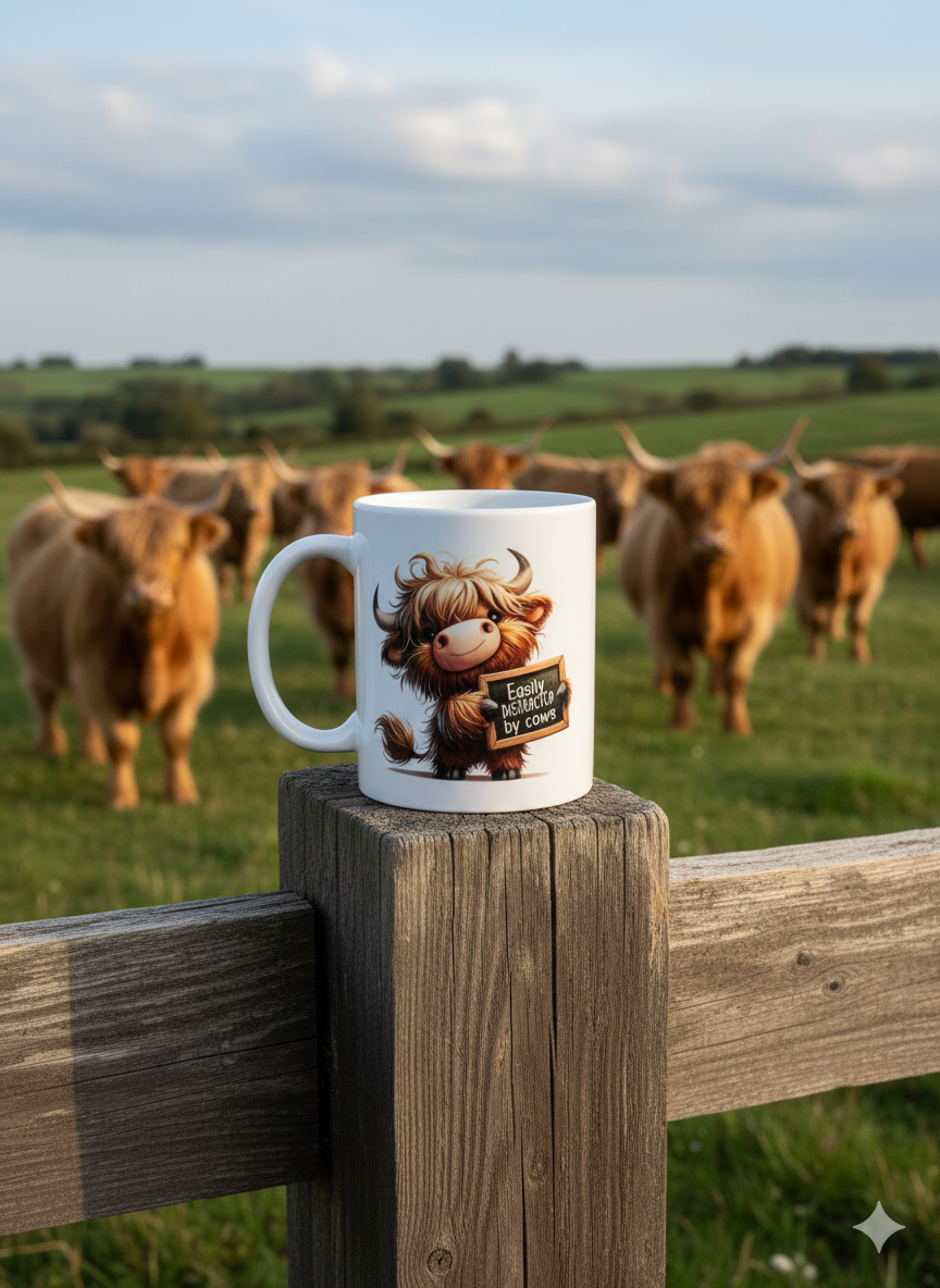 White mug, illustrated with a fluffy brown calf holding a sign, rests on weathered wood. Blurry reddish-brown Highland cows fill the background.