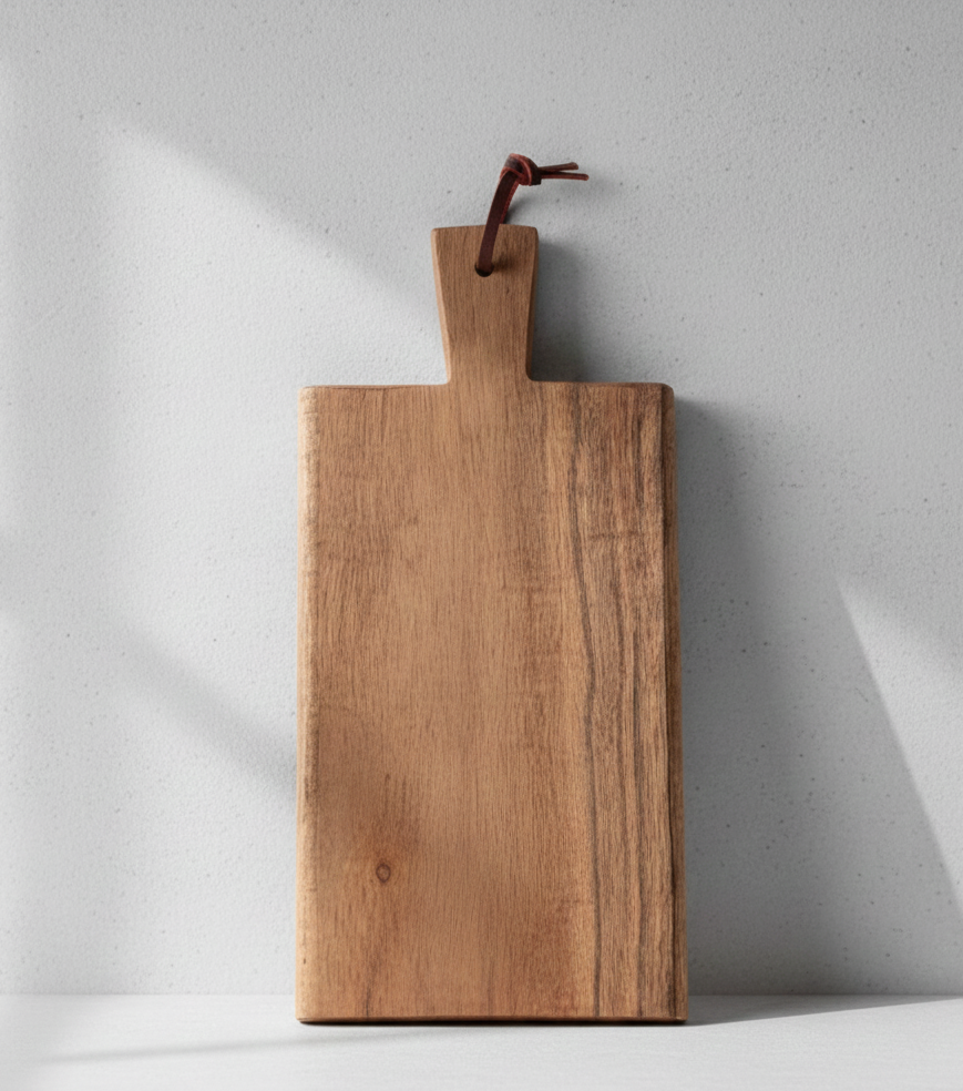 Rectangular, smooth brown wooden cutting board hanging by a dark leather strap against a textured grey wall with sharp shadows.