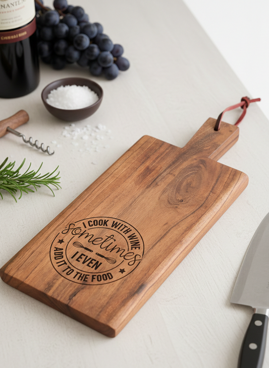 Engraved brown wooden cutting board rests on a light grey tabletop, angled among dark purple grapes and white salt flakes.