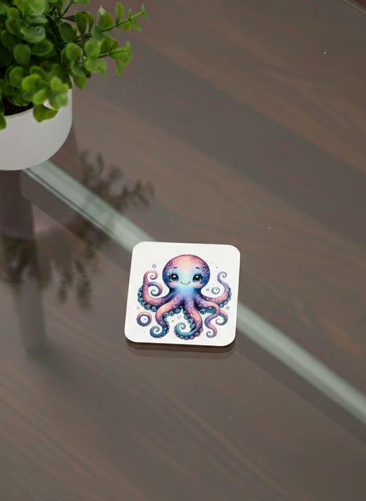 A square coaster showing a cute purple and blue octopus with large, expressive eyes on a dark table surface.