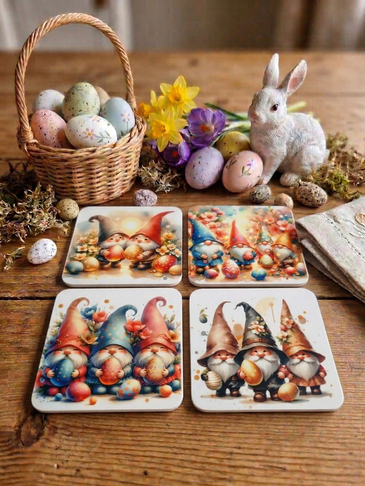 Four coasters featuring colourful Easter gnomes on a wooden table with a wicker basket, eggs and spring flowers.