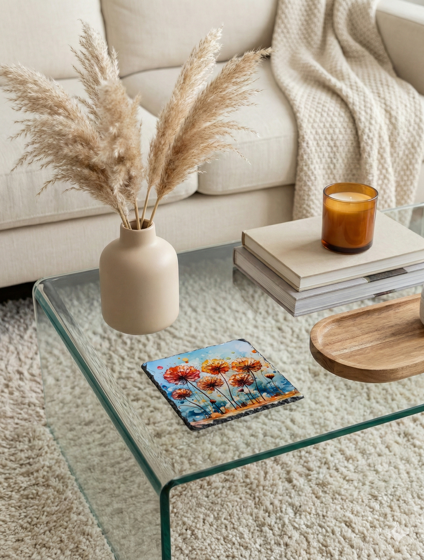 Square slate coaster with warm orange flowers on a glass table, beside a cream vase and an amber glass candle.