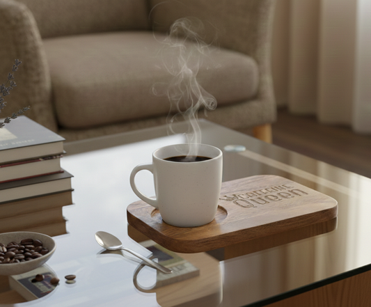 White ceramic mug of steaming hot coffee rests on a medium-brown wooden 'Caffeine Queen' coaster on a glossy glass table.