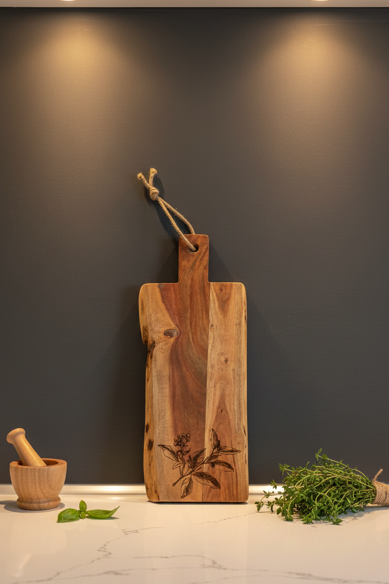 Upright, rectangular wooden serving board with handle and botanical engraving, flanked by mortar, pestle and thyme. Dark Grey wall.