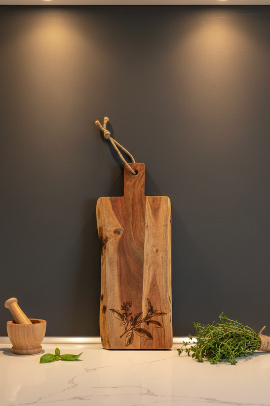 Upright, rectangular wooden serving board with handle and botanical engraving, flanked by mortar, pestle and thyme. Dark Grey wall.