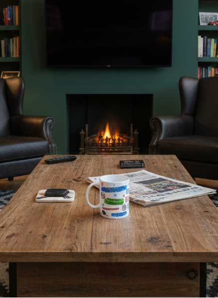 White mug and newspaper resting on a wide, distressed wood table. Dark leather wingback chairs flank a glowing fireplace and deep green wall.