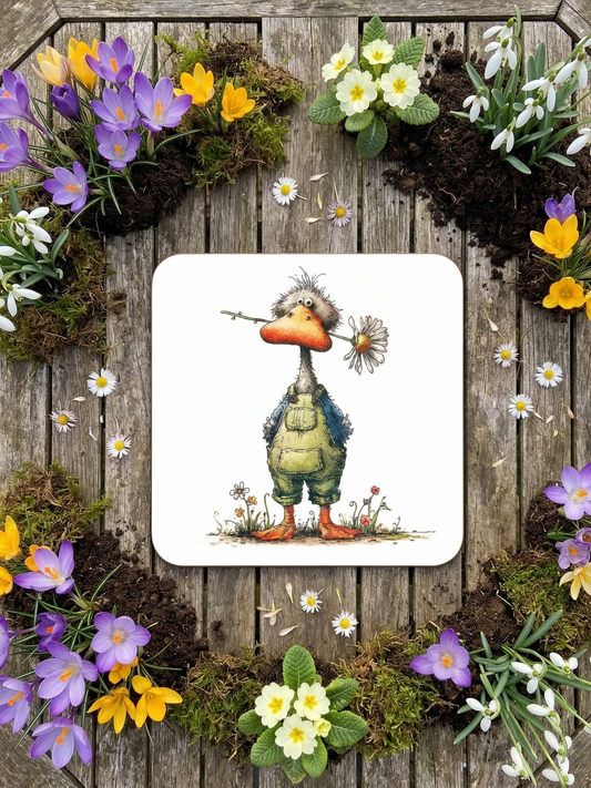A square coaster showing a duck biting a daisy, in the centre of wood framed by purple and yellow blossoms.