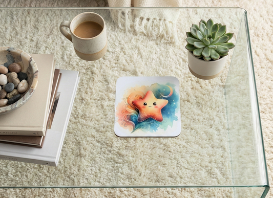 A square coaster with a cute, orange, smiling starfish illustration on a blue and yellow watercolour background.