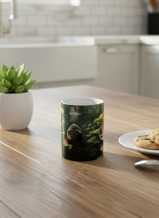 Cylindrical ceramic mug on light brown wood. It displays a dark Colour illustration of a carp swimming amongst vivid green aquatic plants.