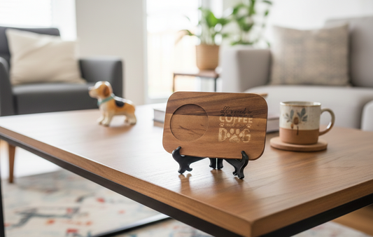 Dark brown, rectangular wooden coaster with engraved text, displayed on a black easel stand. A ceramic dog sits left.
