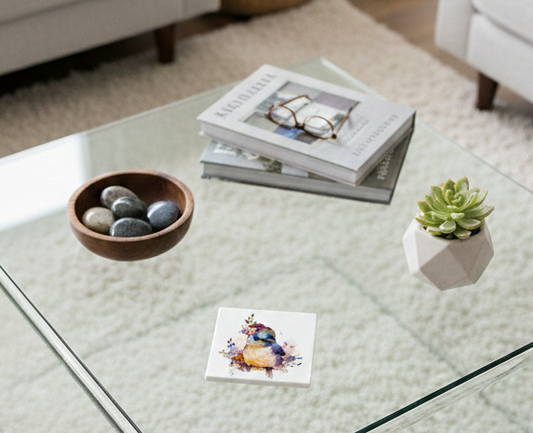 A bluebird watercolour coaster on a glass table with a wooden bowl of grey stones and a white geometric pot.