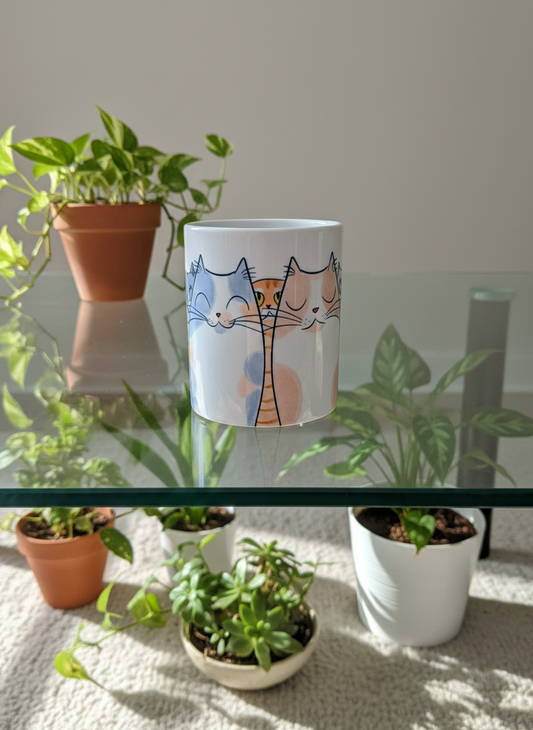 White cylindrical cup with an illustration of pastel blue, orange, and peach cats peering over a line.