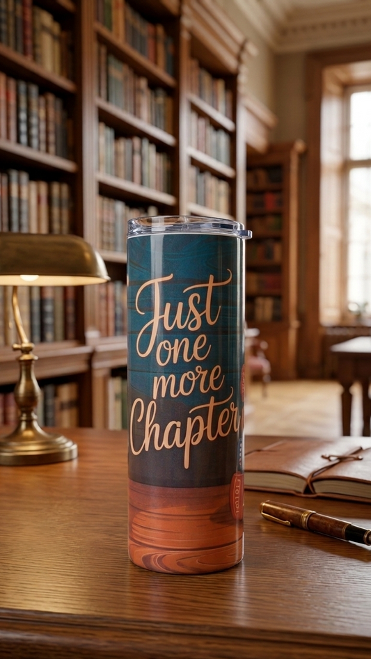 Tall tumbler with cream script 'Just one more chapter' on a dark blue and wood-effect background, set in a library.