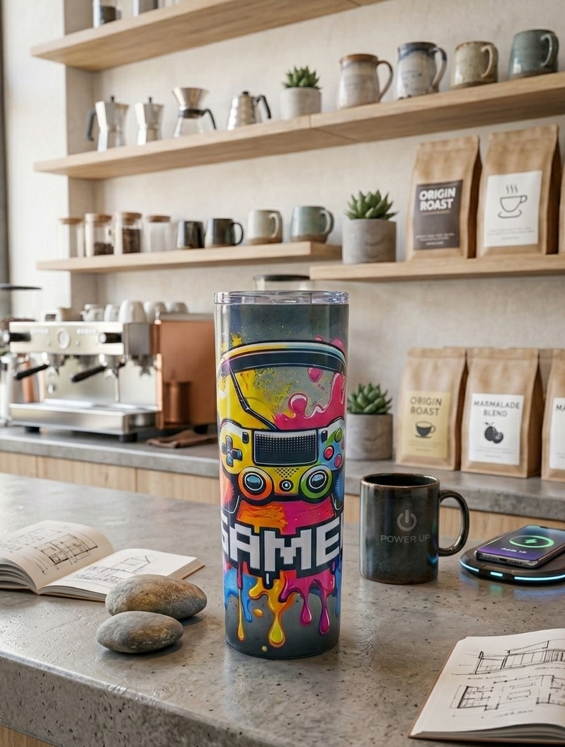 A tall tumbler with colourful graphics stands on a grey counter, with coffee bags and mugs visible on wooden shelves.