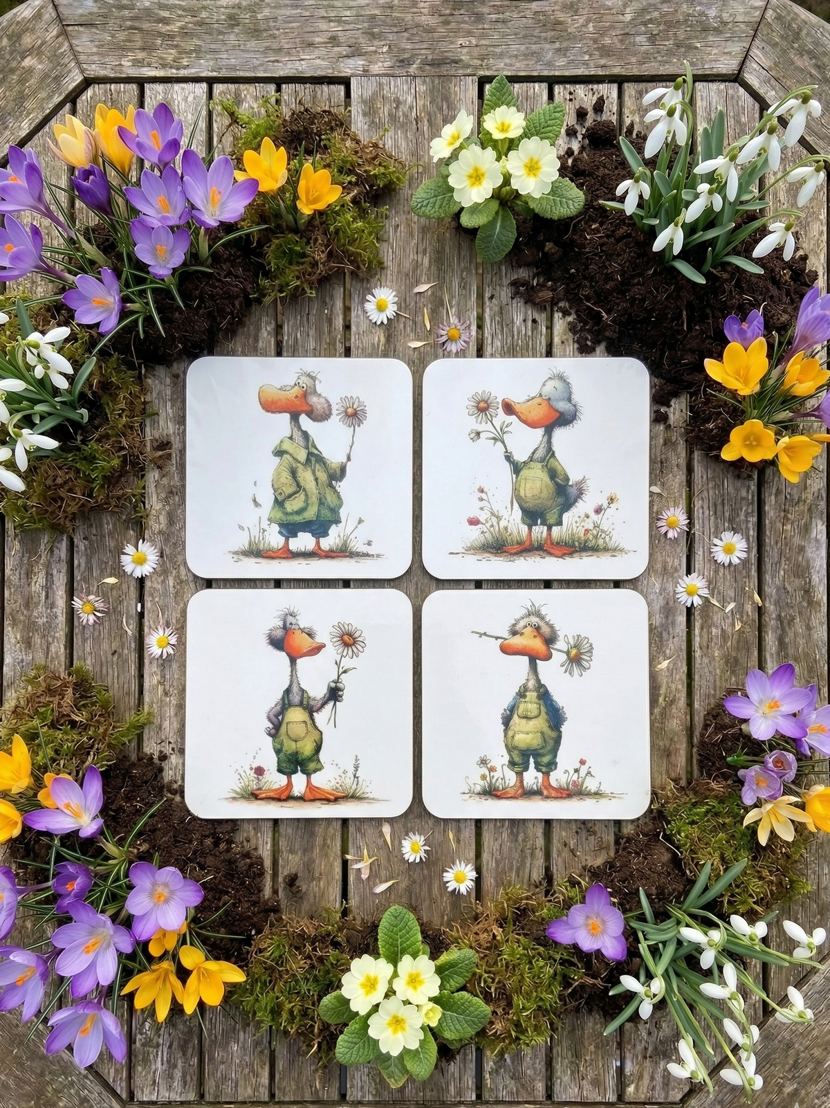 Four square coasters on rustic wood, framed by purple crocuses, yellow primroses, and white snowdrop flowers.