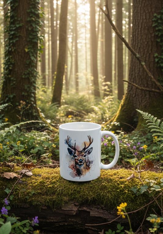White mug featuring a colourful watercolour stag sits on a mossy log, surrounded by lush forest ferns and climbing ivy.