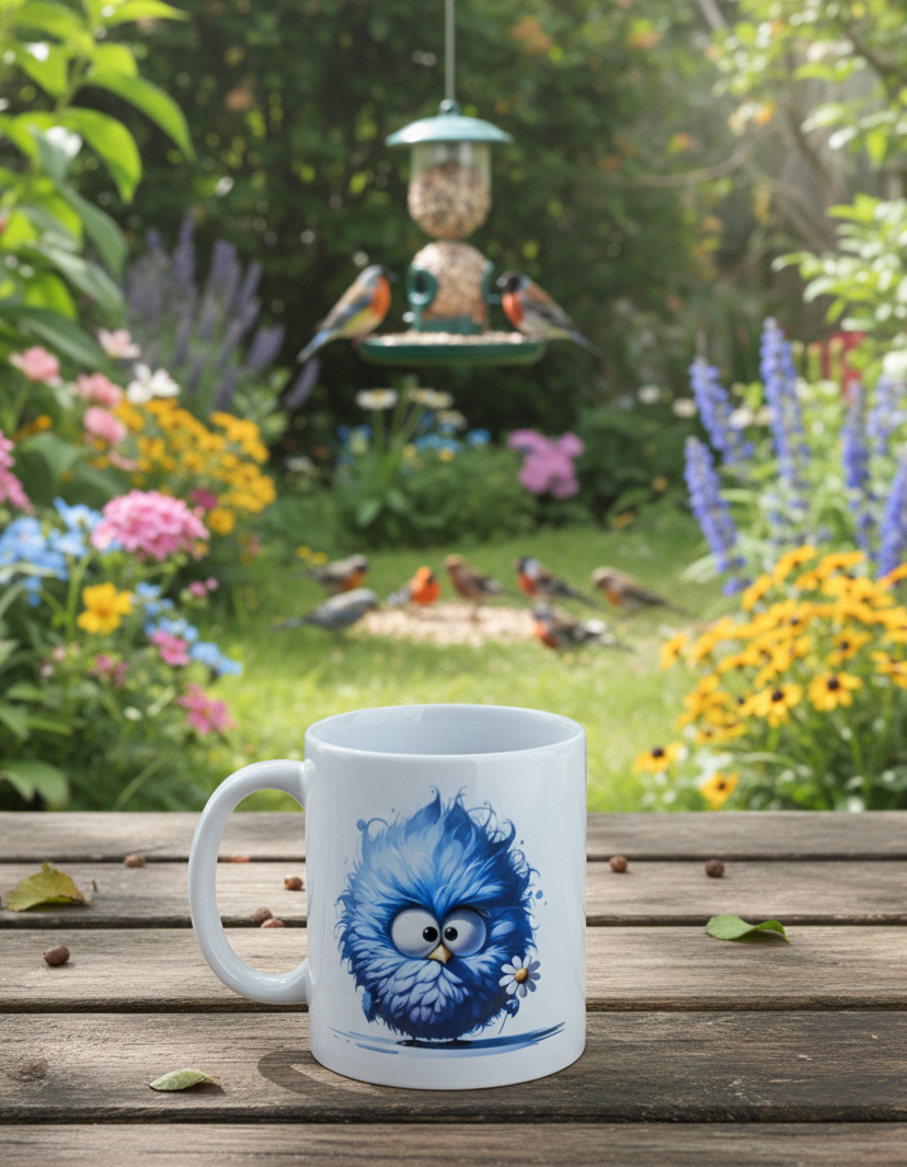 A white ceramic mug featuring a fluffy, blue cartoon bird illustration sitting on a rustic wooden garden table. In the soft-focus background, several small garden birds are gathered around a bird feeder and feeding on the lawn amidst colourful summer flowers.