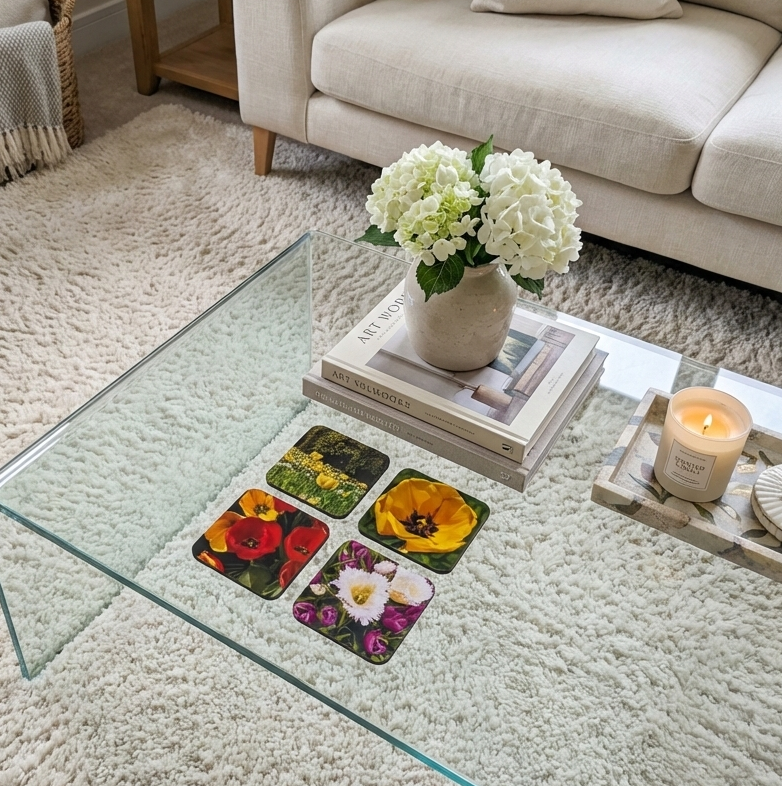 Four square floral coasters on a glass table beside white hydrangeas and a lit candle on a cream shaggy rug.