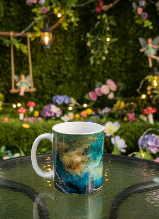 Shiny white mug featuring an abstract design blending bright teal, dark blue, and metallic bronze/gold streaks.