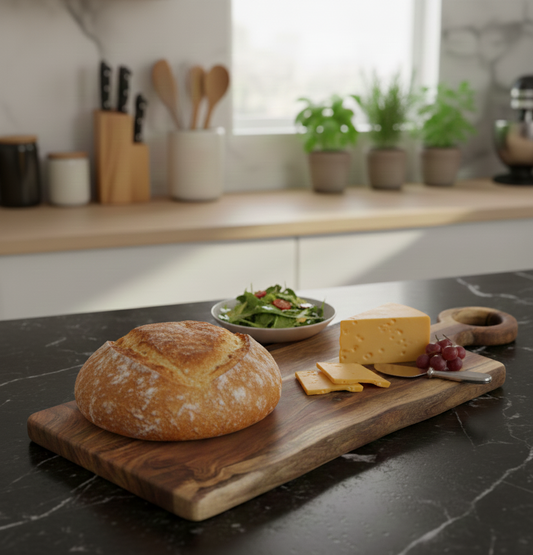 Large Acacia wood serving platter on a dark marble kitchen counter, styled with a fresh loaf of artisan bread, a side salad, and gourmet cheeses in a well-lit kitchen.