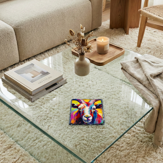A single square slate coaster featuring a bold, highly colourful portrait of a sheep, resting on a clear glass table.